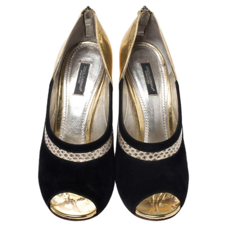 Pre Owned Dolce & Gabbana Black Suede, Python Trim and Metallic Gold Leather Open Toe Pumps Size 39.5