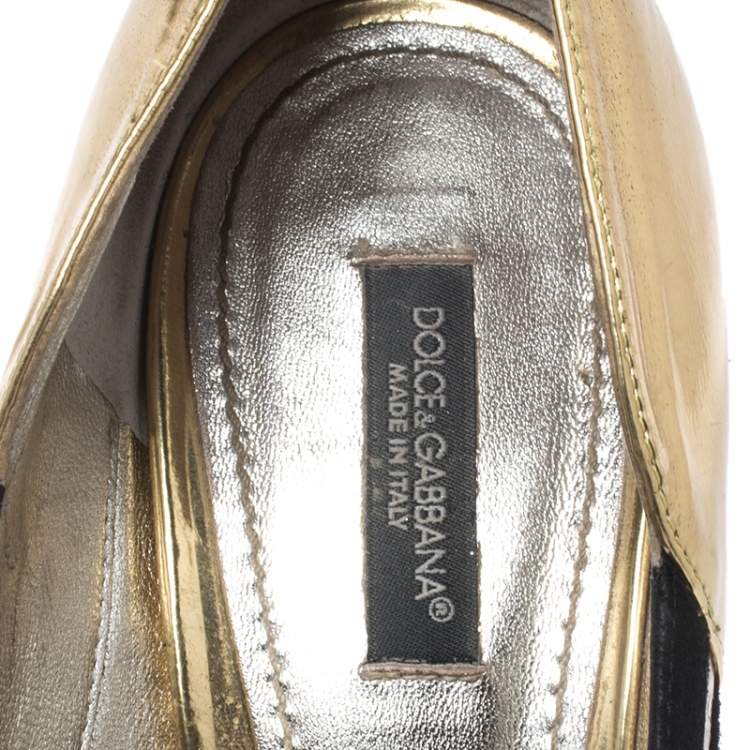Pre Owned Dolce & Gabbana Black Suede, Python Trim and Metallic Gold Leather Open Toe Pumps Size 39.5