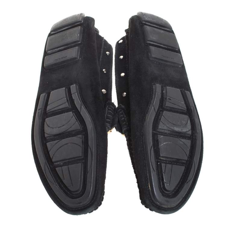 Pre Owned Dolce & Gabbana Black Suede Metal Logo Slip On Loafers Size 41