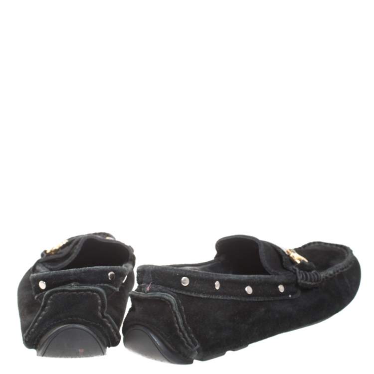 Pre Owned Dolce & Gabbana Black Suede Metal Logo Slip On Loafers Size 41