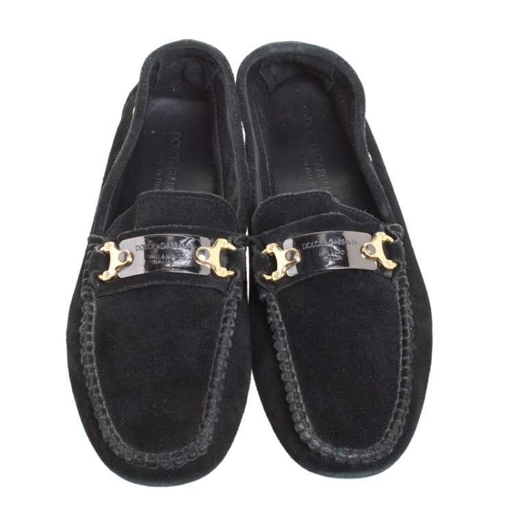 Pre Owned Dolce & Gabbana Black Suede Metal Logo Slip On Loafers Size 41