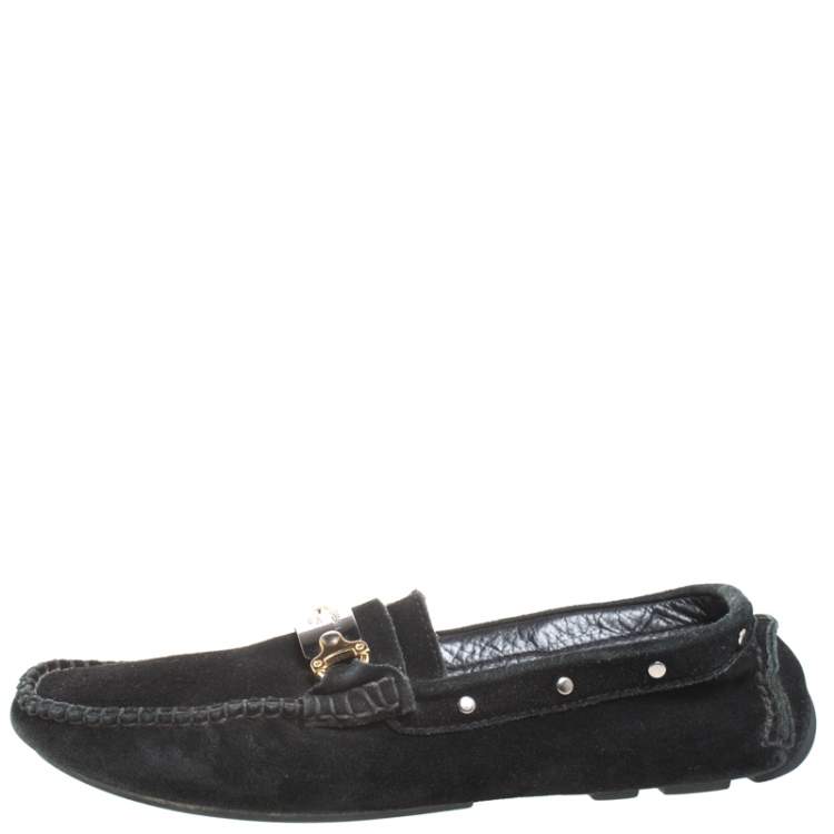 Pre Owned Dolce & Gabbana Black Suede Metal Logo Slip On Loafers Size 41