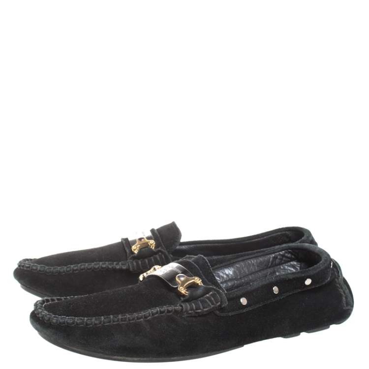 Pre Owned Dolce & Gabbana Black Suede Metal Logo Slip On Loafers Size 41