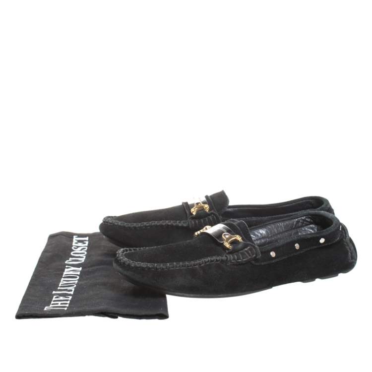 Pre Owned Dolce & Gabbana Black Suede Metal Logo Slip On Loafers Size 41
