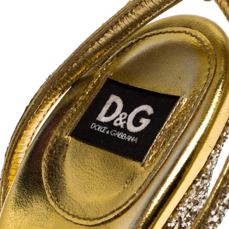 Pre Owned Dolce & Gabbana Gold Strappy Glitter and Leather Open Toe Ankle Strap Sandal Size 38