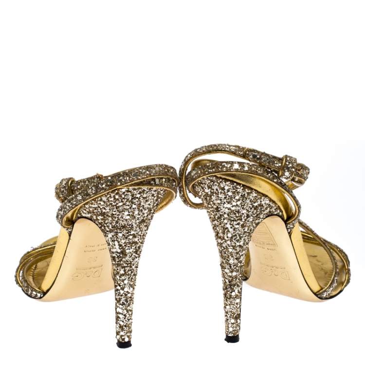Pre Owned Dolce & Gabbana Gold Strappy Glitter and Leather Open Toe Ankle Strap Sandal Size 38