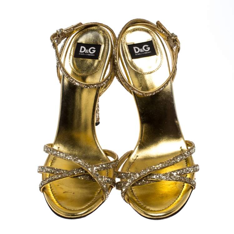Pre Owned Dolce & Gabbana Gold Strappy Glitter and Leather Open Toe Ankle Strap Sandal Size 38