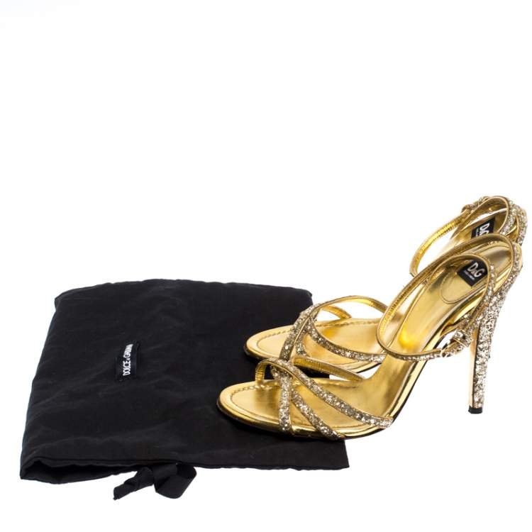 Pre Owned Dolce & Gabbana Gold Strappy Glitter and Leather Open Toe Ankle Strap Sandal Size 38