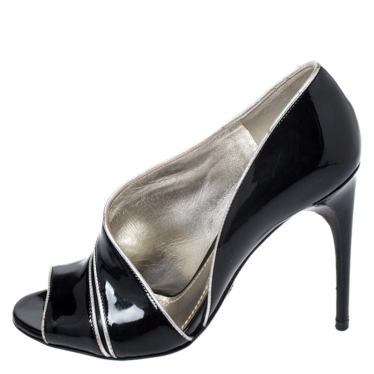 Pre Owned Dolce & Gabbana Black Patent Leather And Leather Piping Detail Peep Toe D'orsay Pump Size 36.5