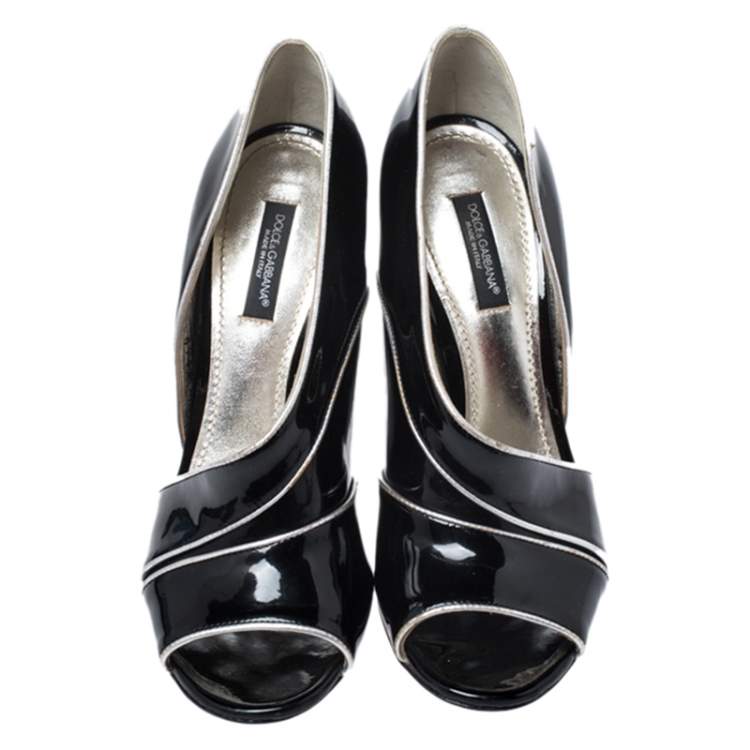 Pre Owned Dolce & Gabbana Black Patent Leather And Leather Piping Detail Peep Toe D'orsay Pump Size 36.5