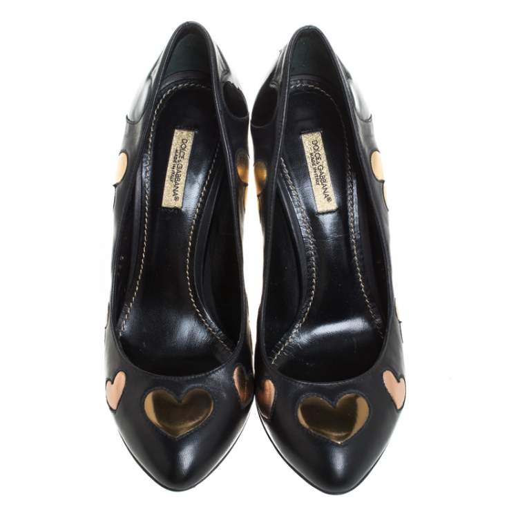 Pre Owned Dolce & Gabbanna Black Leather Heart Applique Pointed Toe Pumps Size 36.5