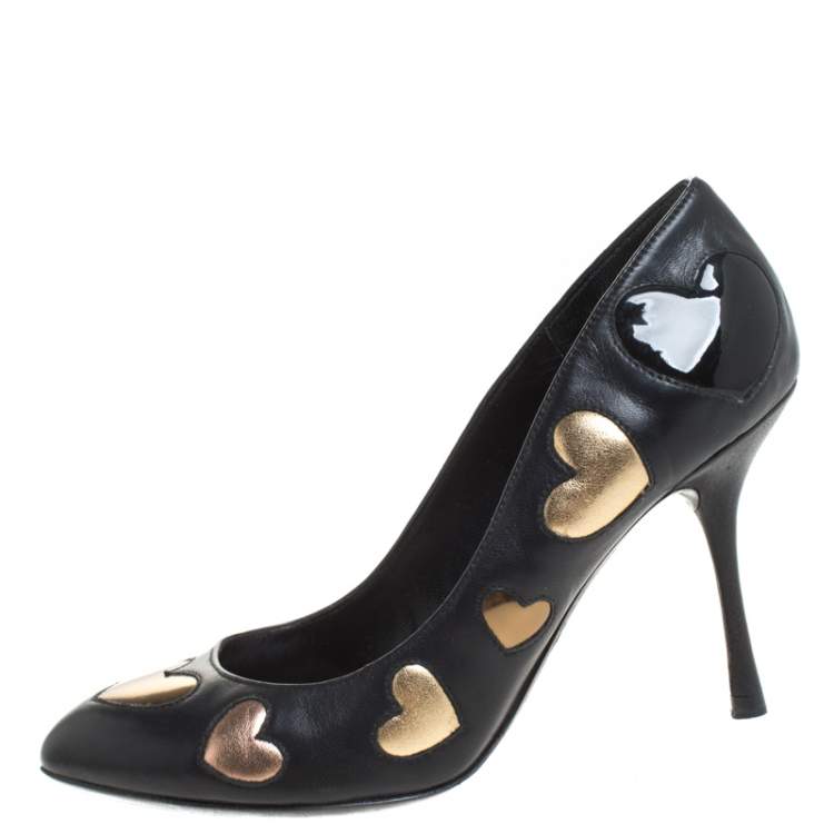 Pre Owned Dolce & Gabbanna Black Leather Heart Applique Pointed Toe Pumps Size 36.5
