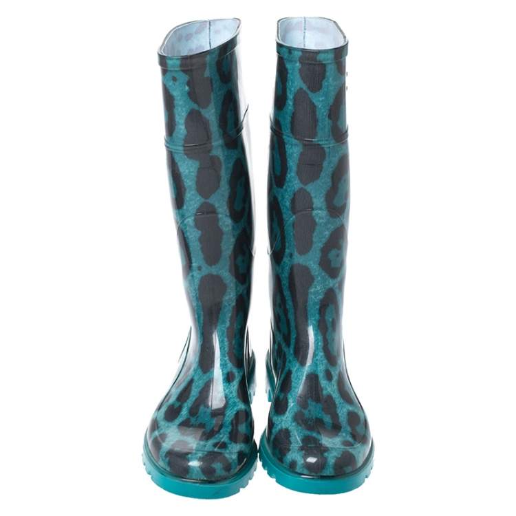 Pre Owned Dolce & Gabbana Teal/Black Leopard Print PVC Knee High Rain Boots Size 36
