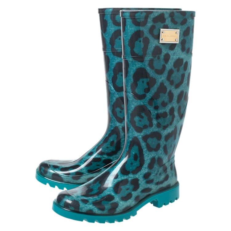 Pre Owned Dolce & Gabbana Teal/Black Leopard Print PVC Knee High Rain Boots Size 36