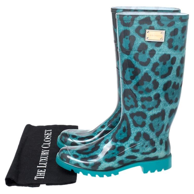 Pre Owned Dolce & Gabbana Teal/Black Leopard Print PVC Knee High Rain Boots Size 36