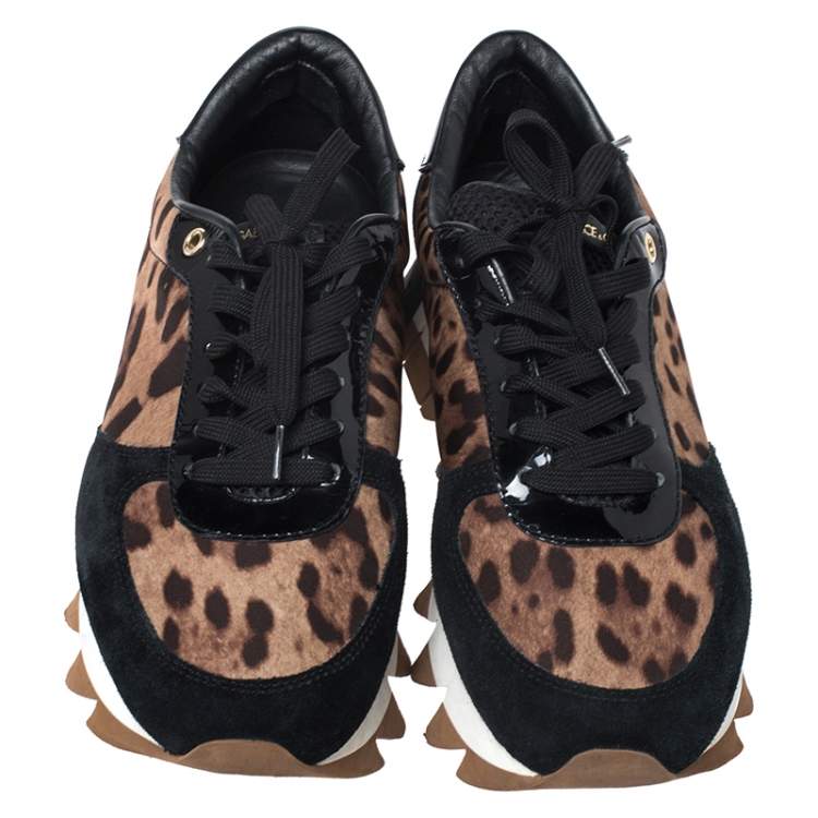 Pre Owned Dolce & Gabbana Brown Leopard Print Canvas And Black Suede Low Top Sneakers Size 40