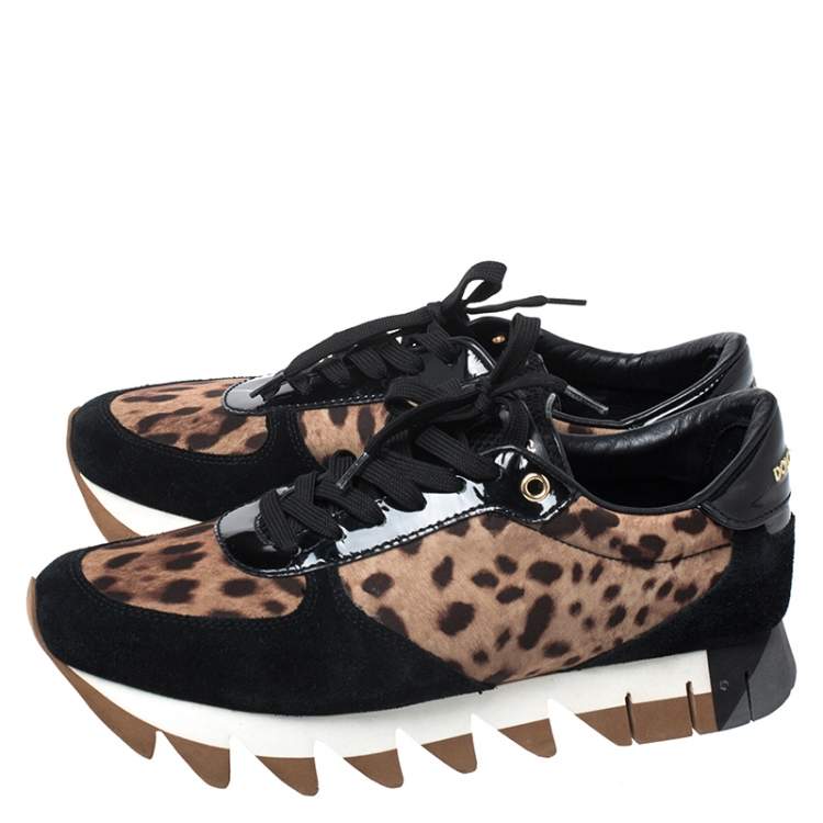 Pre Owned Dolce & Gabbana Brown Leopard Print Canvas And Black Suede Low Top Sneakers Size 40