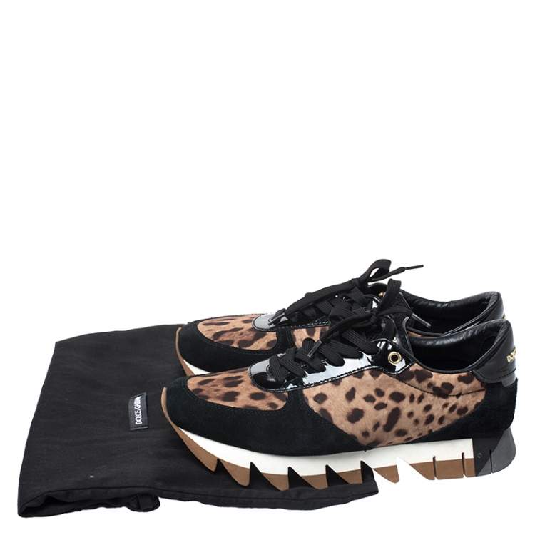 Pre Owned Dolce & Gabbana Brown Leopard Print Canvas And Black Suede Low Top Sneakers Size 40