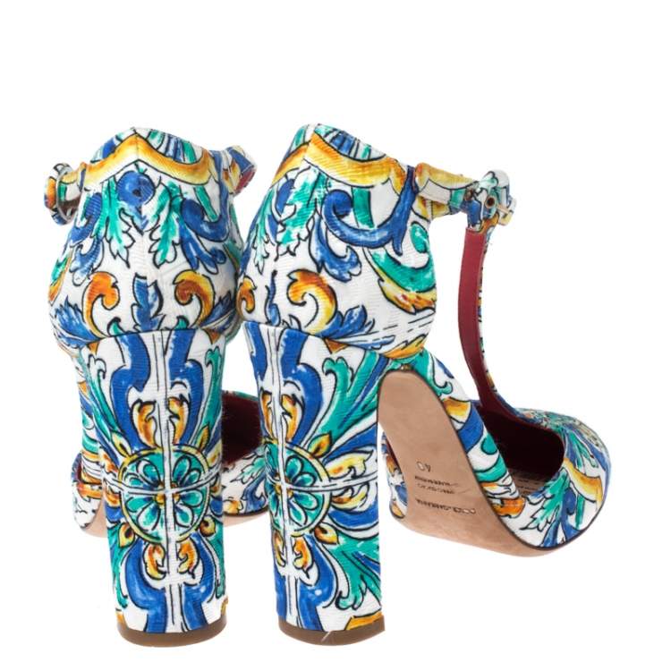 Pre Owned Dolce & Gabbana Multicolor Majolica Print Brocade Fabric Ankle Strap Pumps Size 40