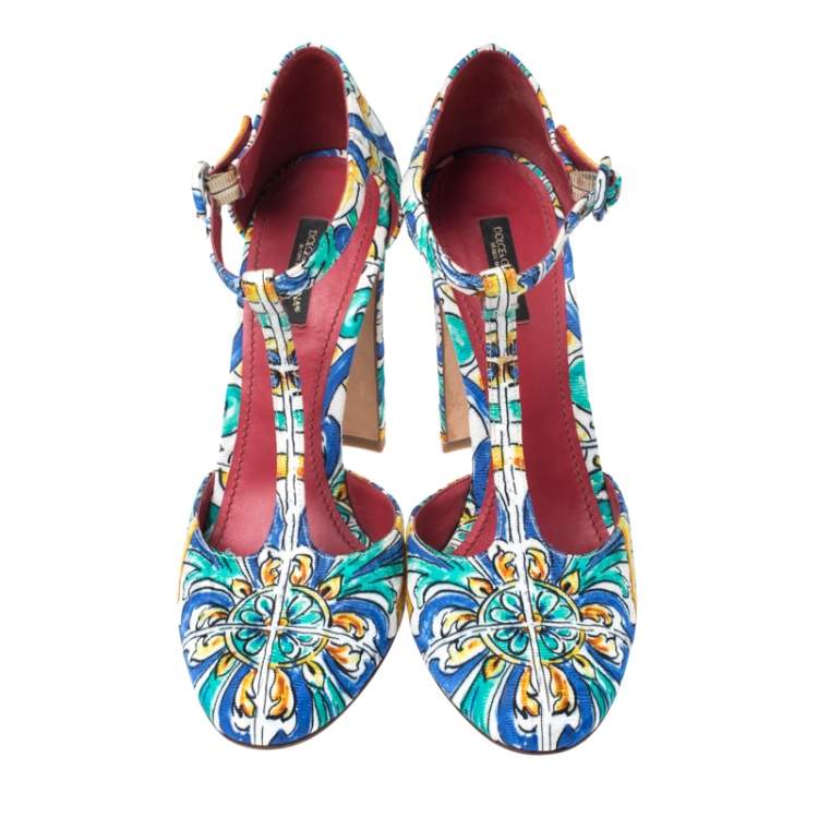 Pre Owned Dolce & Gabbana Multicolor Majolica Print Brocade Fabric Ankle Strap Pumps Size 40