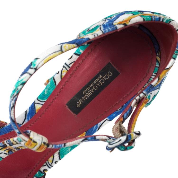 Pre Owned Dolce & Gabbana Multicolor Majolica Print Brocade Fabric Ankle Strap Pumps Size 40