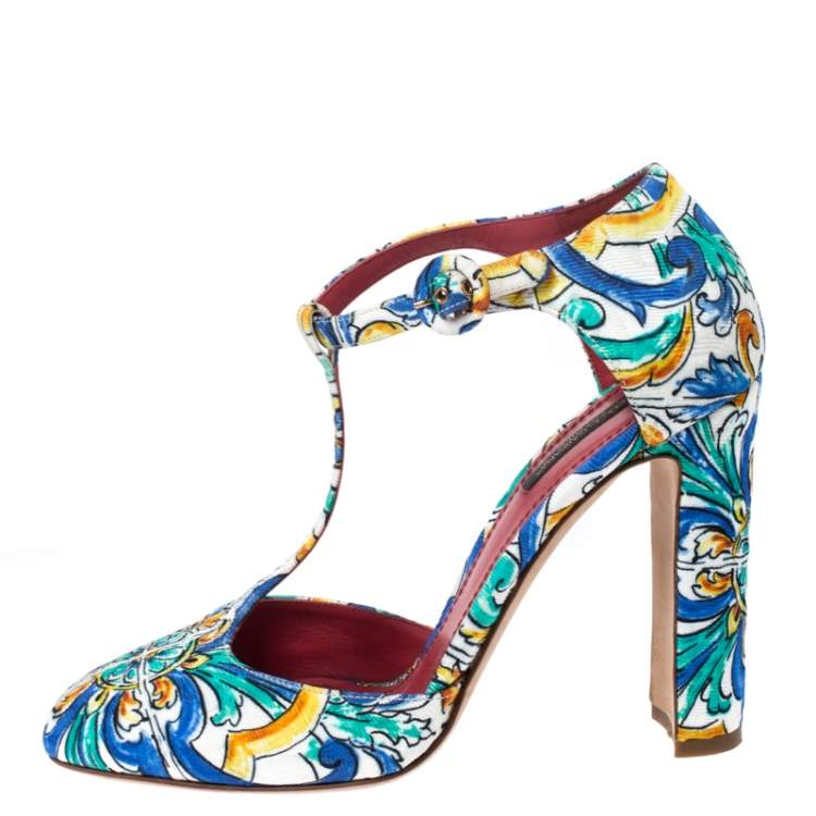 Pre Owned Dolce & Gabbana Multicolor Majolica Print Brocade Fabric Ankle Strap Pumps Size 40