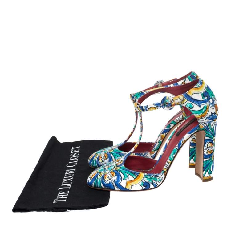 Pre Owned Dolce & Gabbana Multicolor Majolica Print Brocade Fabric Ankle Strap Pumps Size 40