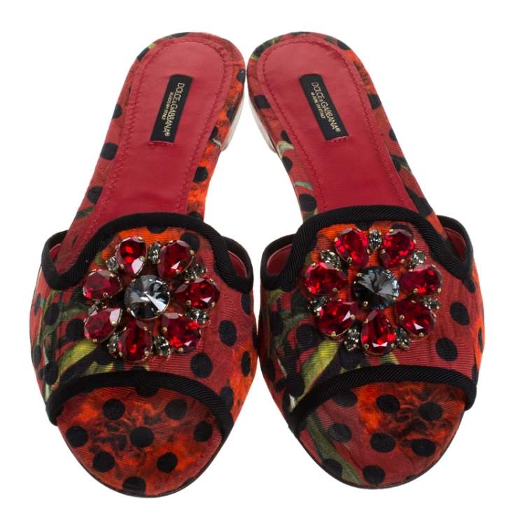 Pre Owned Dolce & Gabbana Red/Black Polka and Printed Canvas Crystal Embellished Flat Slides Size 39