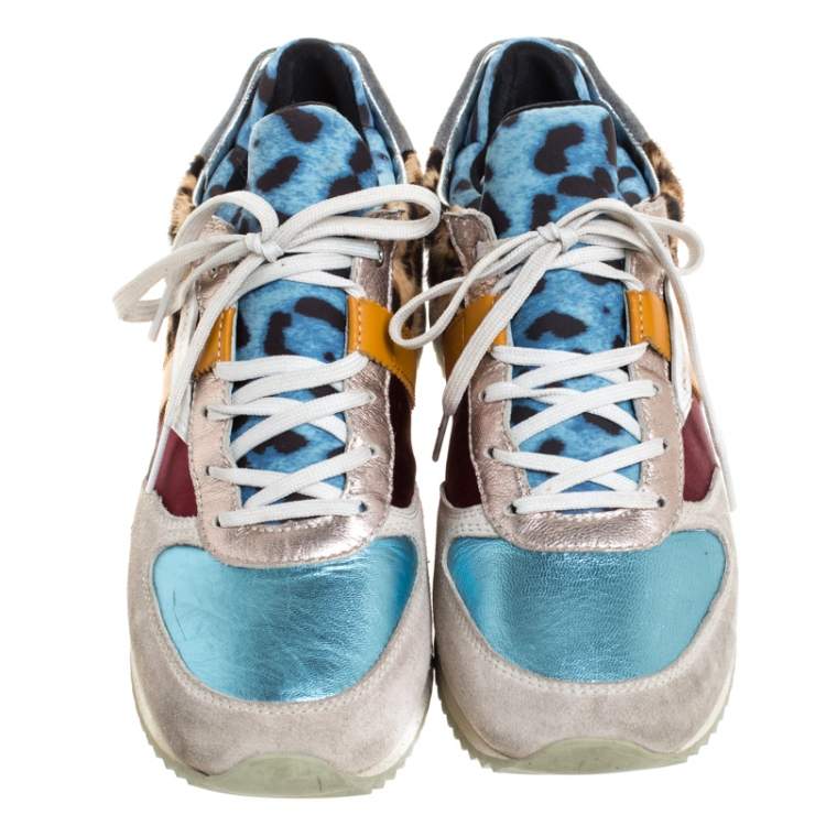 Pre Owned Dolce and Gabbana Multicolor Leather, Suede And Pony Hair Celeste Sabbia Low Top Sneakers Size 38