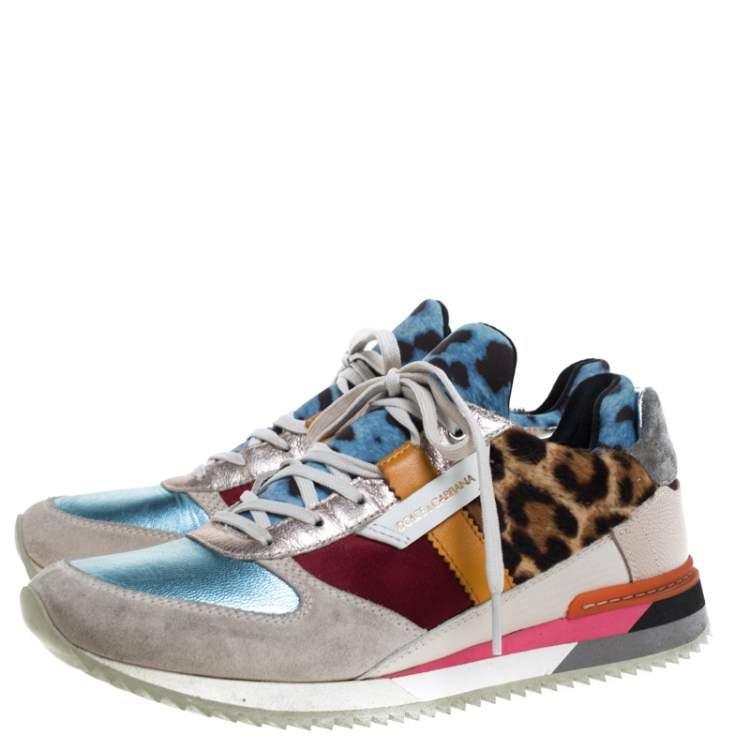 Pre Owned Dolce and Gabbana Multicolor Leather, Suede And Pony Hair Celeste Sabbia Low Top Sneakers Size 38