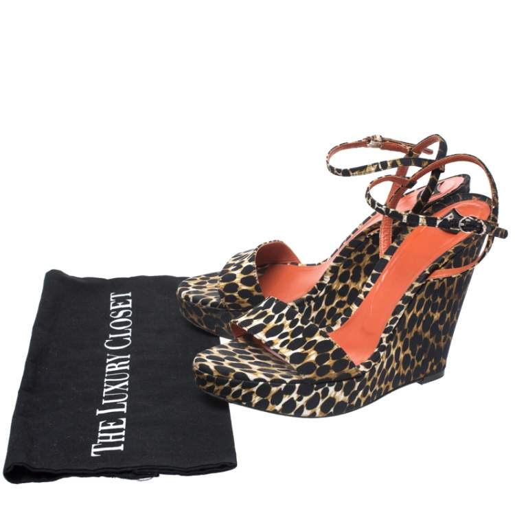 Pre Owned Dolce & Gabbana Multicolor Leopard Print Canvas Wedge Heel Ankle Strap Platform Sandals Size 38