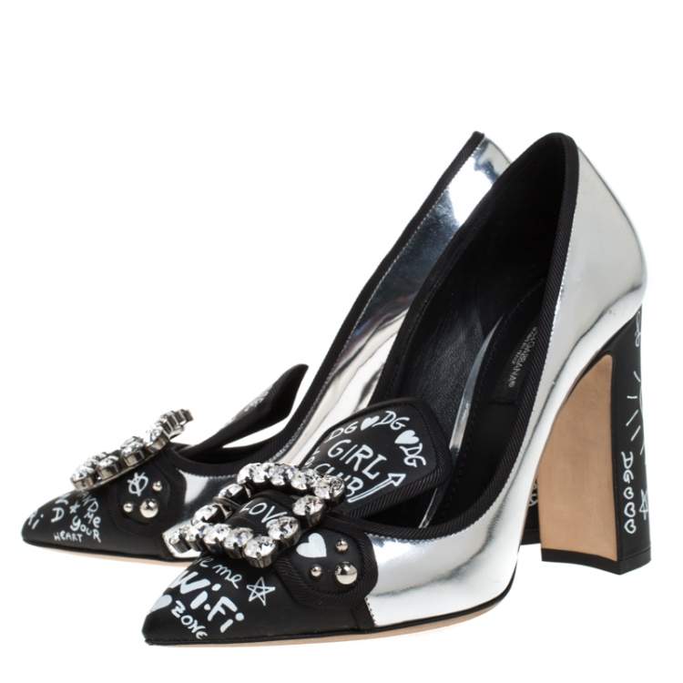 Pre Owned Dolce & Gabbana Metallic Silver/Black Leather Alphabet Crystal Embellished Pointed Toe Pumps Size 36