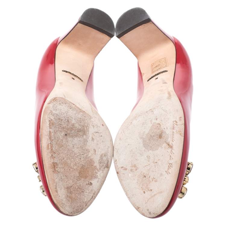 Pre Owned Dolce & Gabbana Red Patent Leather Crystal Embellished Pumps Size 38