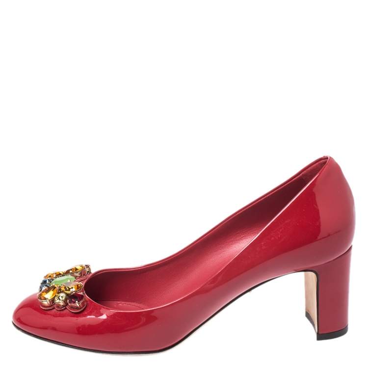 Pre Owned Dolce & Gabbana Red Patent Leather Crystal Embellished Pumps Size 38
