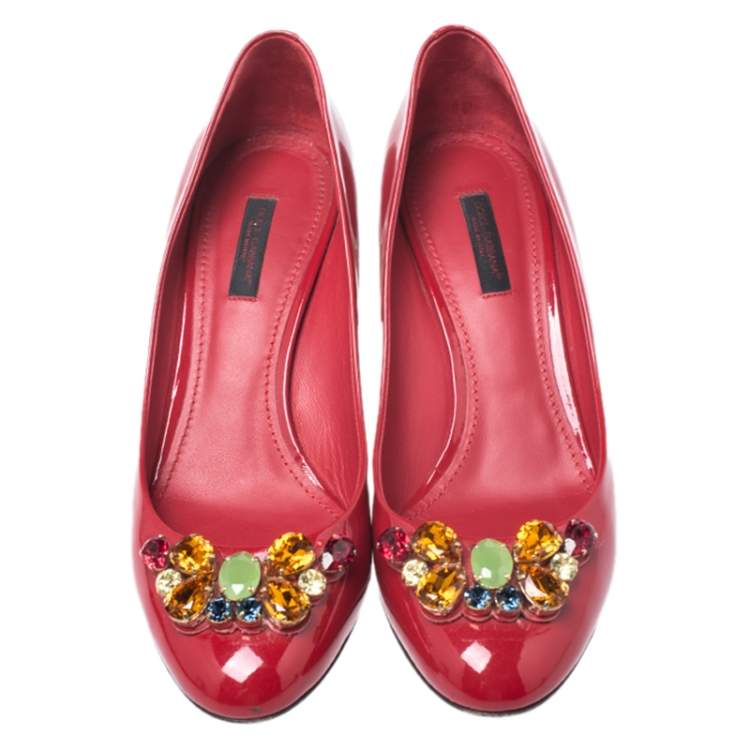 Pre Owned Dolce & Gabbana Red Patent Leather Crystal Embellished Pumps Size 38