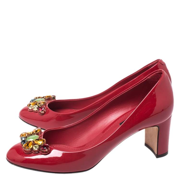 Pre Owned Dolce & Gabbana Red Patent Leather Crystal Embellished Pumps Size 38