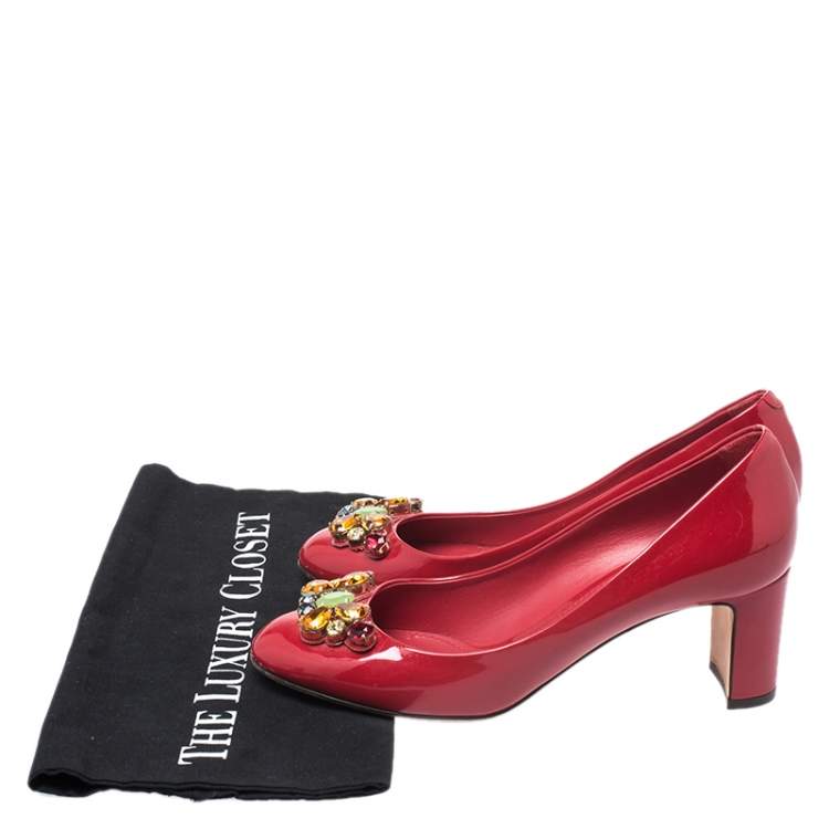Pre Owned Dolce & Gabbana Red Patent Leather Crystal Embellished Pumps Size 38