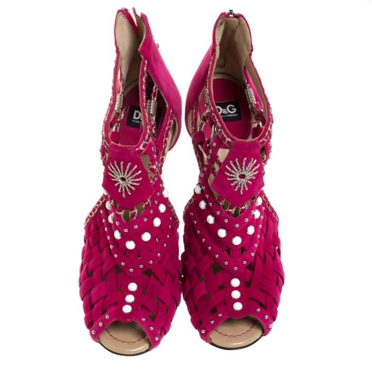 Pre Owned Dolce & Gabbana Pink Suede Leather Embellished Caged Sandals Size 39