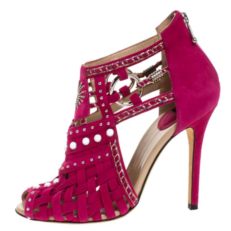 Pre Owned Dolce & Gabbana Pink Suede Leather Embellished Caged Sandals Size 39