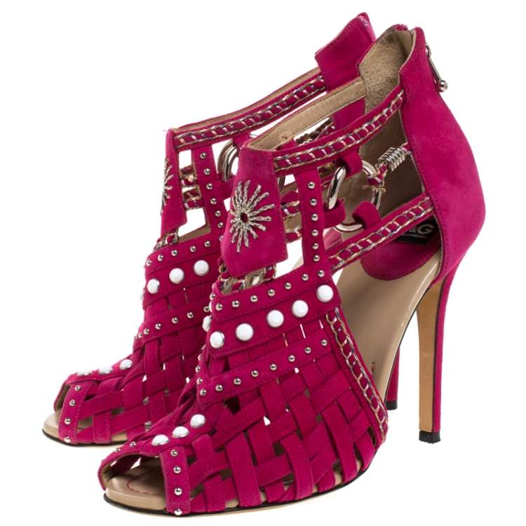 Pre Owned Dolce & Gabbana Pink Suede Leather Embellished Caged Sandals Size 39