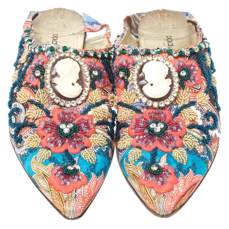 Pre Owned Dolce & Gabbana Multicolor Fabric Crystal Embellished Flat Mules Size 38