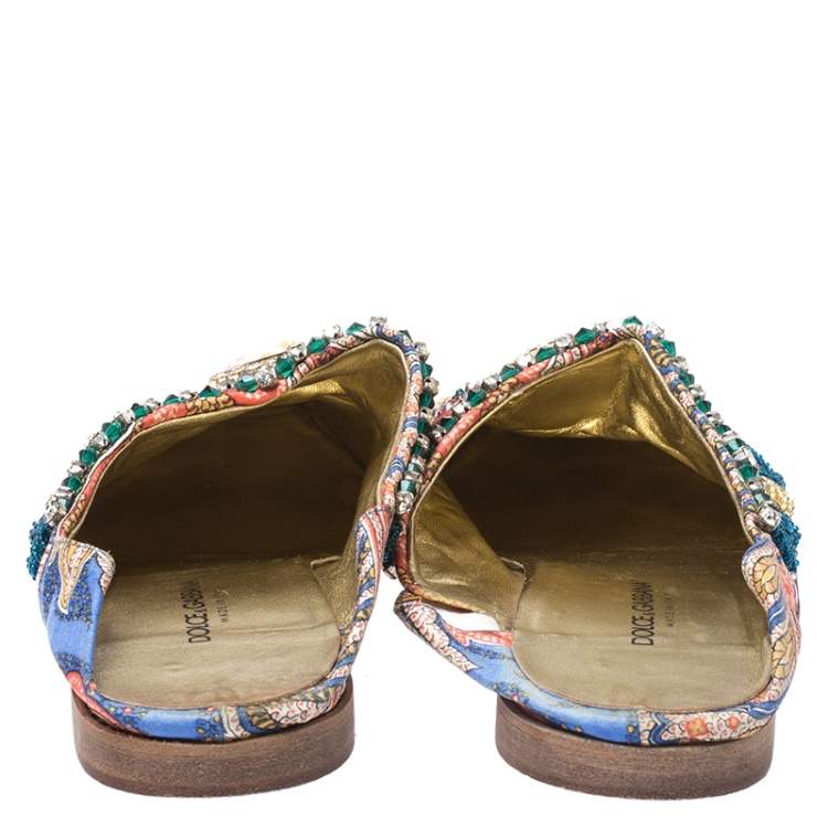 Pre Owned Dolce & Gabbana Multicolor Fabric Crystal Embellished Flat Mules Size 38