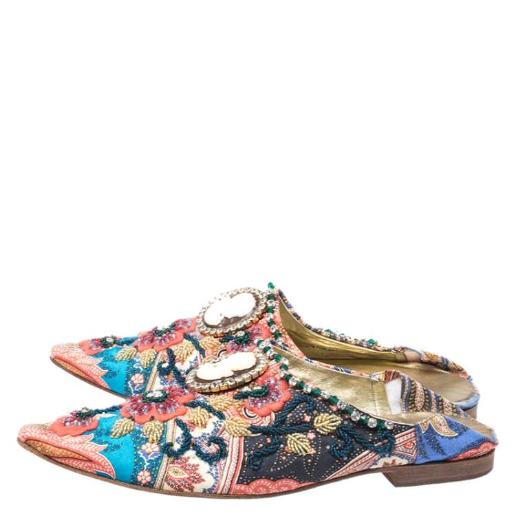 Pre Owned Dolce & Gabbana Multicolor Fabric Crystal Embellished Flat Mules Size 38