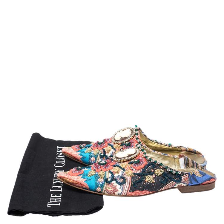 Pre Owned Dolce & Gabbana Multicolor Fabric Crystal Embellished Flat Mules Size 38