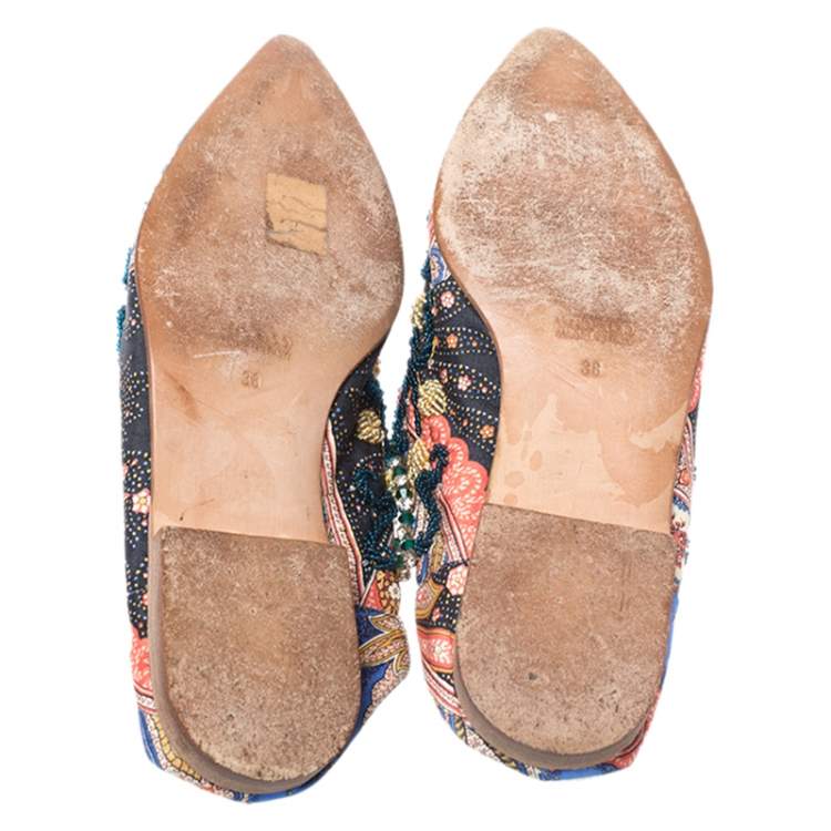 Pre Owned Dolce & Gabbana Multicolor Fabric Crystal Embellished Flat Mules Size 38