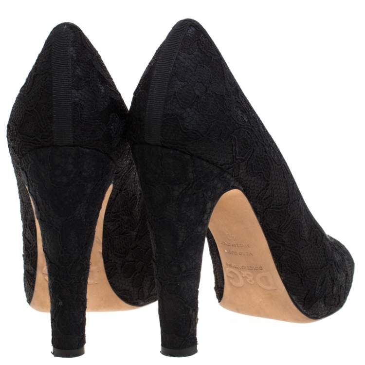 Pre Owned Dolce & Gabbana Black Lace Jubilee Bow Peep Toe Pumps Size 40
