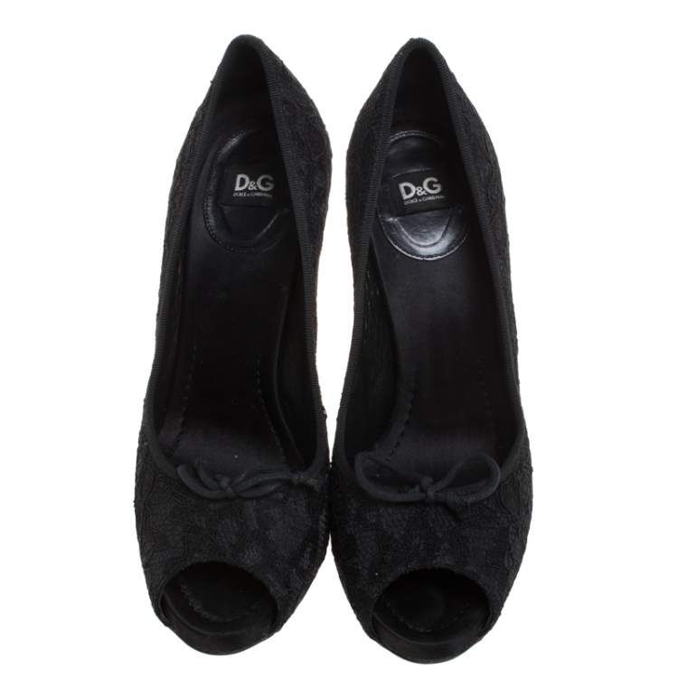 Pre Owned Dolce & Gabbana Black Lace Jubilee Bow Peep Toe Pumps Size 40