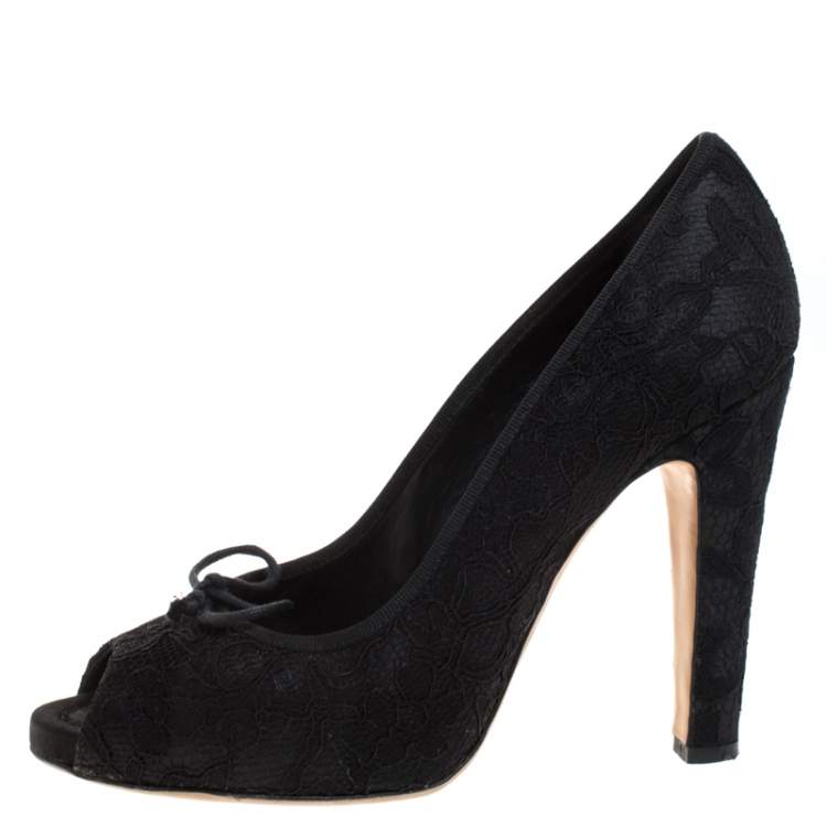 Pre Owned Dolce & Gabbana Black Lace Jubilee Bow Peep Toe Pumps Size 40