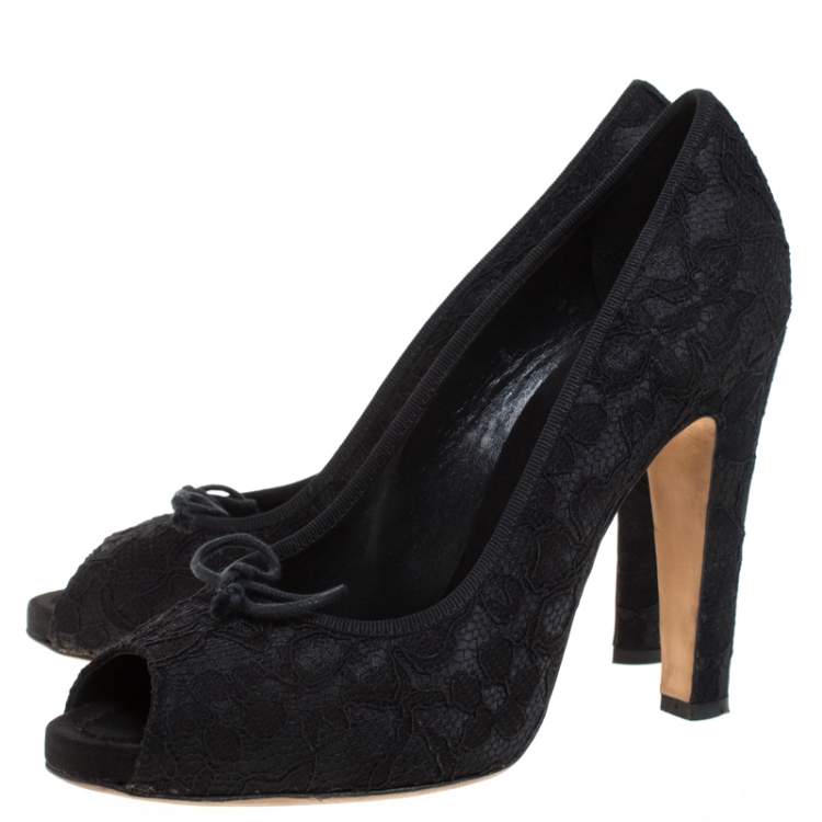 Pre Owned Dolce & Gabbana Black Lace Jubilee Bow Peep Toe Pumps Size 40