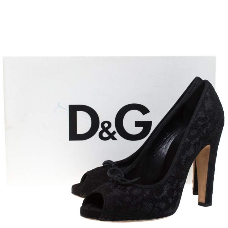 Pre Owned Dolce & Gabbana Black Lace Jubilee Bow Peep Toe Pumps Size 40
